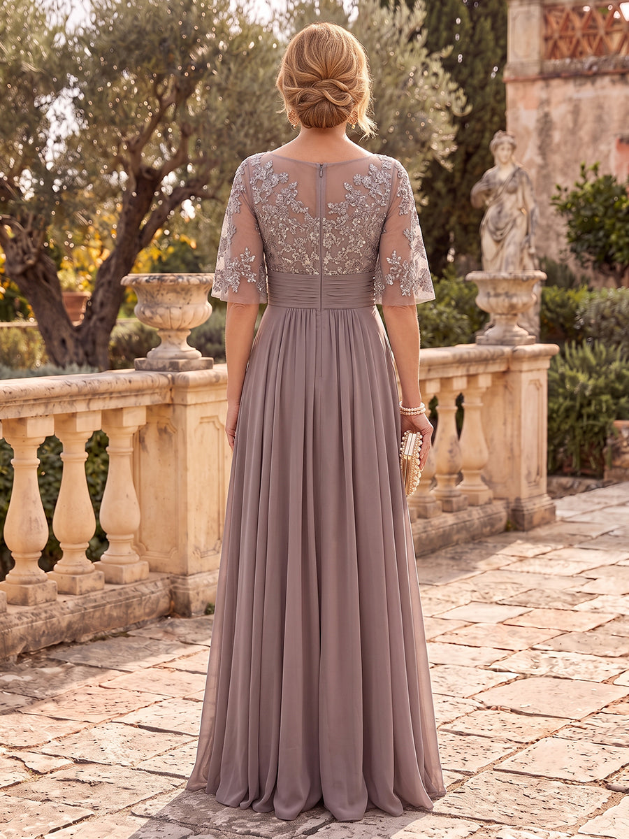 Chiffon Mother of the Bride/Groom Dresses A Line Boat Neck Flutter Sleeves Floor Length Lace Appliques