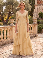 Chiffon Mother of the Bride/Groom Dresses A Line V Neck 3/4 Sleeves Floor Length Tiered Embroidery