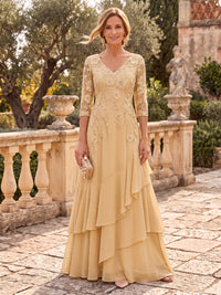 Chiffon Mother of the Bride/Groom Dresses A Line V Neck 3/4 Sleeves Floor Length Tiered Embroidery