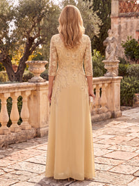 Chiffon Mother of the Bride/Groom Dresses A Line V Neck 3/4 Sleeves Floor Length Tiered Embroidery