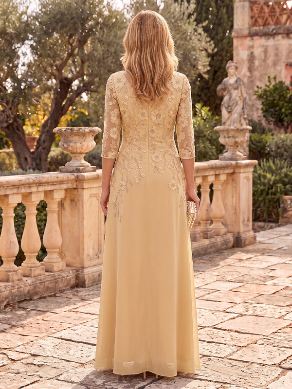 Chiffon Mother of the Bride/Groom Dresses A Line V Neck 3/4 Sleeves Floor Length Tiered Embroidery