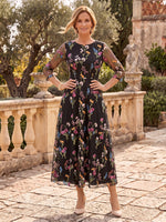 Tulle Mother of the Bride/Groom Dresses A Line Scoop Neck 3/4 Sleeves Tea Length Floral Embroidery
