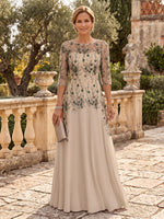 Satin Mother of the Bride/Groom Dresses A Line  Scoop Neck 3/4 Sleeves Floor Length Floral Embroidery