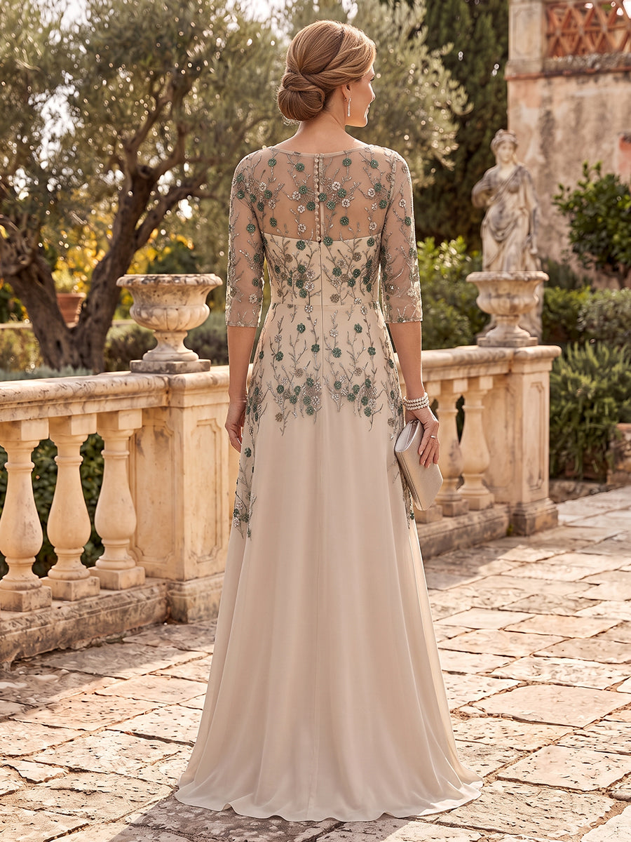 Satin Mother of the Bride/Groom Dresses A Line  Scoop Neck 3/4 Sleeves Floor Length Floral Embroidery