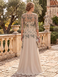 Satin Mother of the Bride/Groom Dresses A Line  Scoop Neck 3/4 Sleeves Floor Length Floral Embroidery