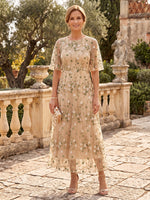 Tulle Mother of the Bride/Groom Dresses Scoop Neck 3/4 Sleeves Ankle Length A Line Embroidery