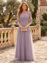 Tulle Mother of the Bride/Groom Dresses Scoop Neck Half Sleeves Floor Length A Line Lace Appliques