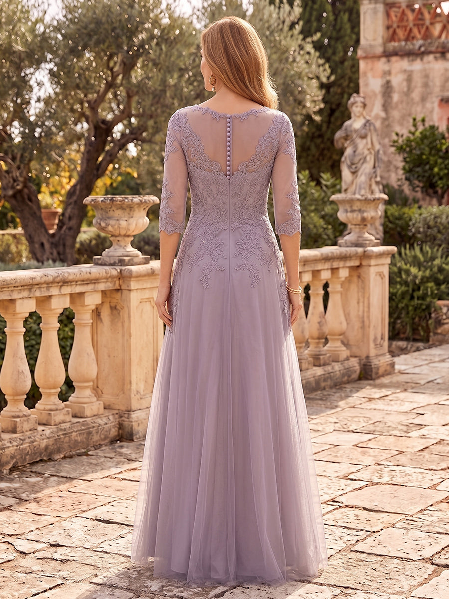 Tulle Mother of the Bride/Groom Dresses Scoop Neck Half Sleeves Floor Length A Line Lace Appliques