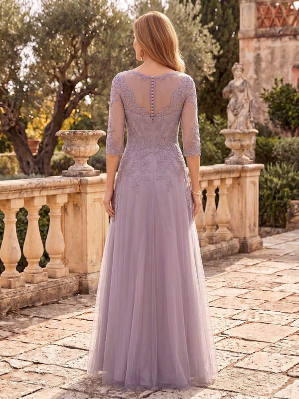 Tulle Mother of the Bride/Groom Dresses Scoop Neck Half Sleeves Floor Length A Line Lace Appliques