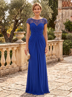 Satin Mother of the Bride/Groom Dresses Scoop Neck Cap Sleeves Floor Length Sheath Ruched