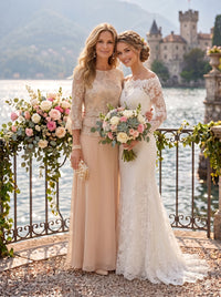 Chiffon Mother of the Bride/Groom Dresses A Line Scoop Neck 3/4 Sleeves Floor Length Tiered