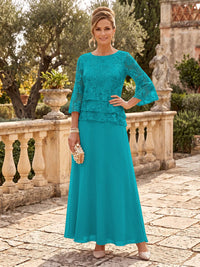 Chiffon Mother of the Bride/Groom Dresses A Line Scoop Neck 3/4 Sleeves Floor Length Tiered