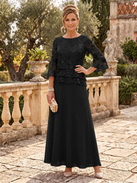 Chiffon Mother of the Bride/Groom Dresses A Line Scoop Neck 3/4 Sleeves Floor Length Tiered
