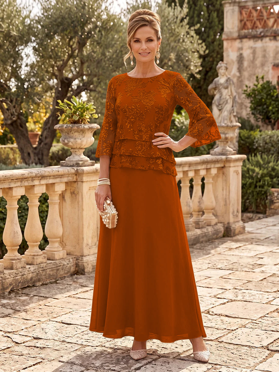 Chiffon Mother of the Bride/Groom Dresses A Line Scoop Neck 3/4 Sleeves Floor Length Tiered