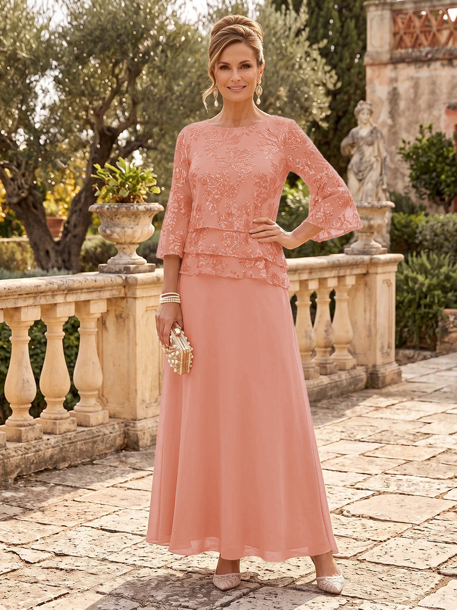 Chiffon Mother of the Bride/Groom Dresses A Line Scoop Neck 3/4 Sleeves Floor Length Tiered