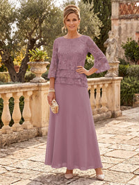 Chiffon Mother of the Bride/Groom Dresses A Line Scoop Neck 3/4 Sleeves Floor Length Tiered