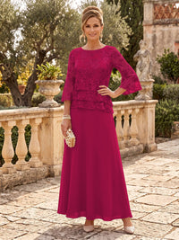 Chiffon Mother of the Bride/Groom Dresses A Line Scoop Neck 3/4 Sleeves Floor Length Tiered