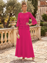 Chiffon Mother of the Bride/Groom Dresses A Line Scoop Neck 3/4 Sleeves Floor Length Tiered