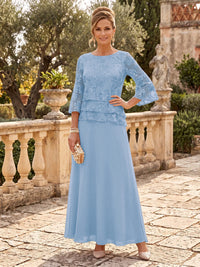 Chiffon Mother of the Bride/Groom Dresses A Line Scoop Neck 3/4 Sleeves Floor Length Tiered