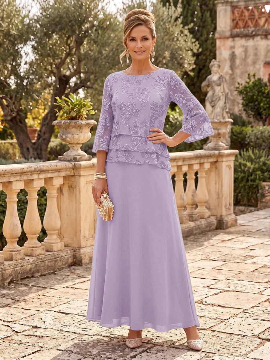 Chiffon Mother of the Bride/Groom Dresses A Line Scoop Neck 3/4 Sleeves Floor Length Tiered