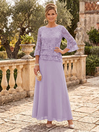 Chiffon Mother of the Bride/Groom Dresses A Line Scoop Neck 3/4 Sleeves Floor Length Tiered