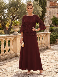 Chiffon Mother of the Bride/Groom Dresses A Line Scoop Neck 3/4 Sleeves Floor Length Tiered