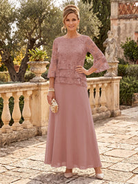 Chiffon Mother of the Bride/Groom Dresses A Line Scoop Neck 3/4 Sleeves Floor Length Tiered