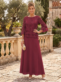 Chiffon Mother of the Bride/Groom Dresses A Line Scoop Neck 3/4 Sleeves Floor Length Tiered