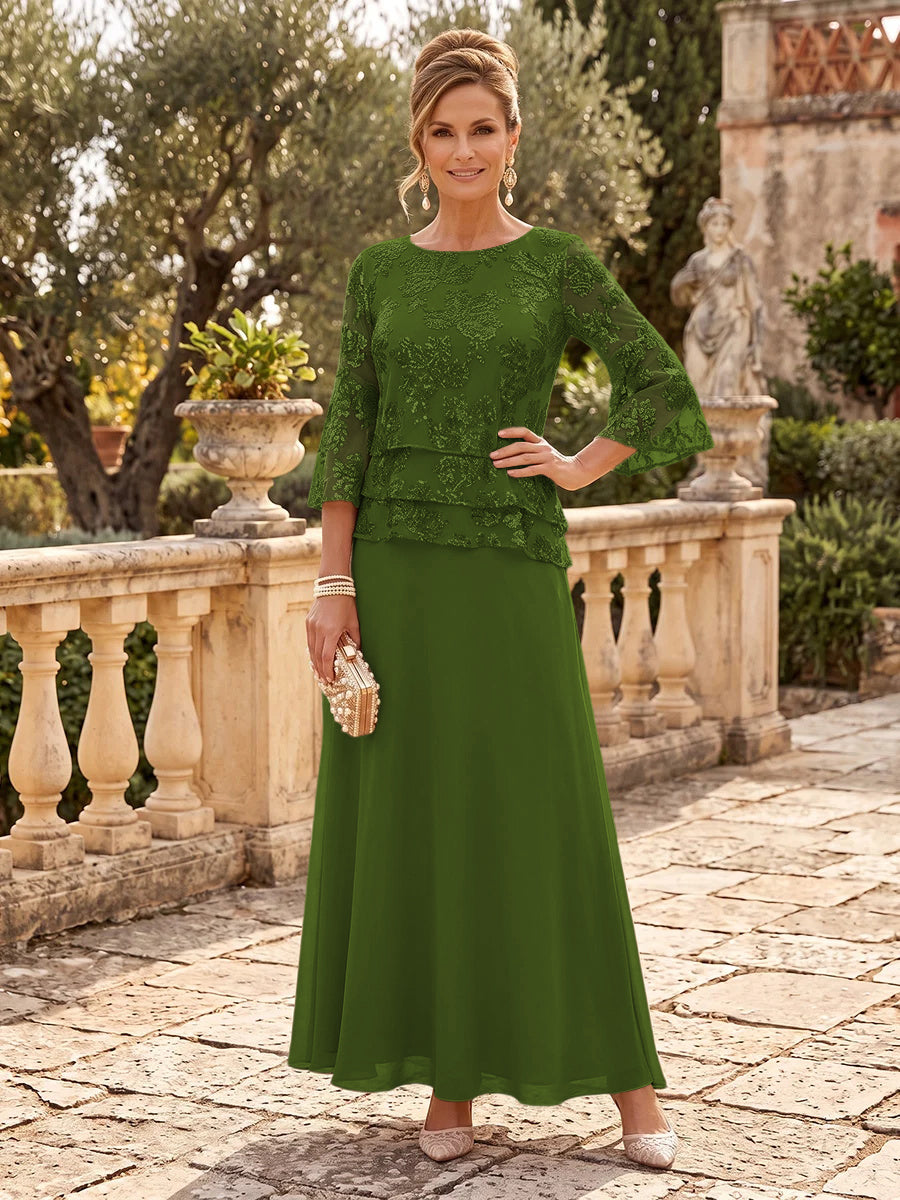Chiffon Mother of the Bride/Groom Dresses A Line Scoop Neck 3/4 Sleeves Floor Length Tiered