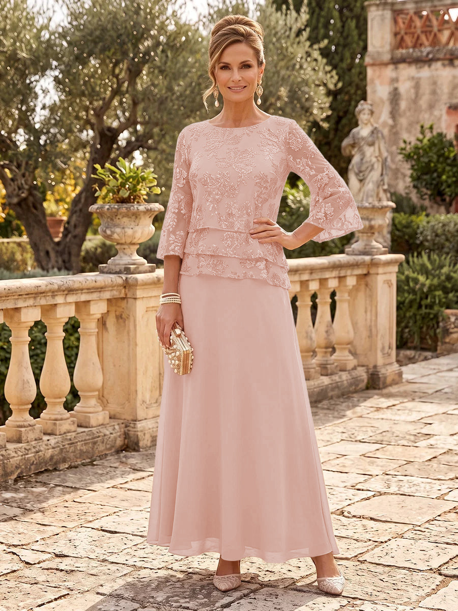 Chiffon Mother of the Bride/Groom Dresses A Line Scoop Neck 3/4 Sleeves Floor Length Tiered