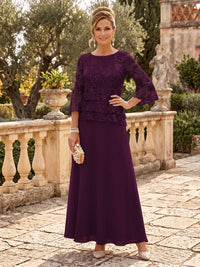 Chiffon Mother of the Bride/Groom Dresses A Line Scoop Neck 3/4 Sleeves Floor Length Tiered
