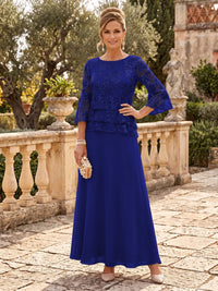 Chiffon Mother of the Bride/Groom Dresses A Line Scoop Neck 3/4 Sleeves Floor Length Tiered