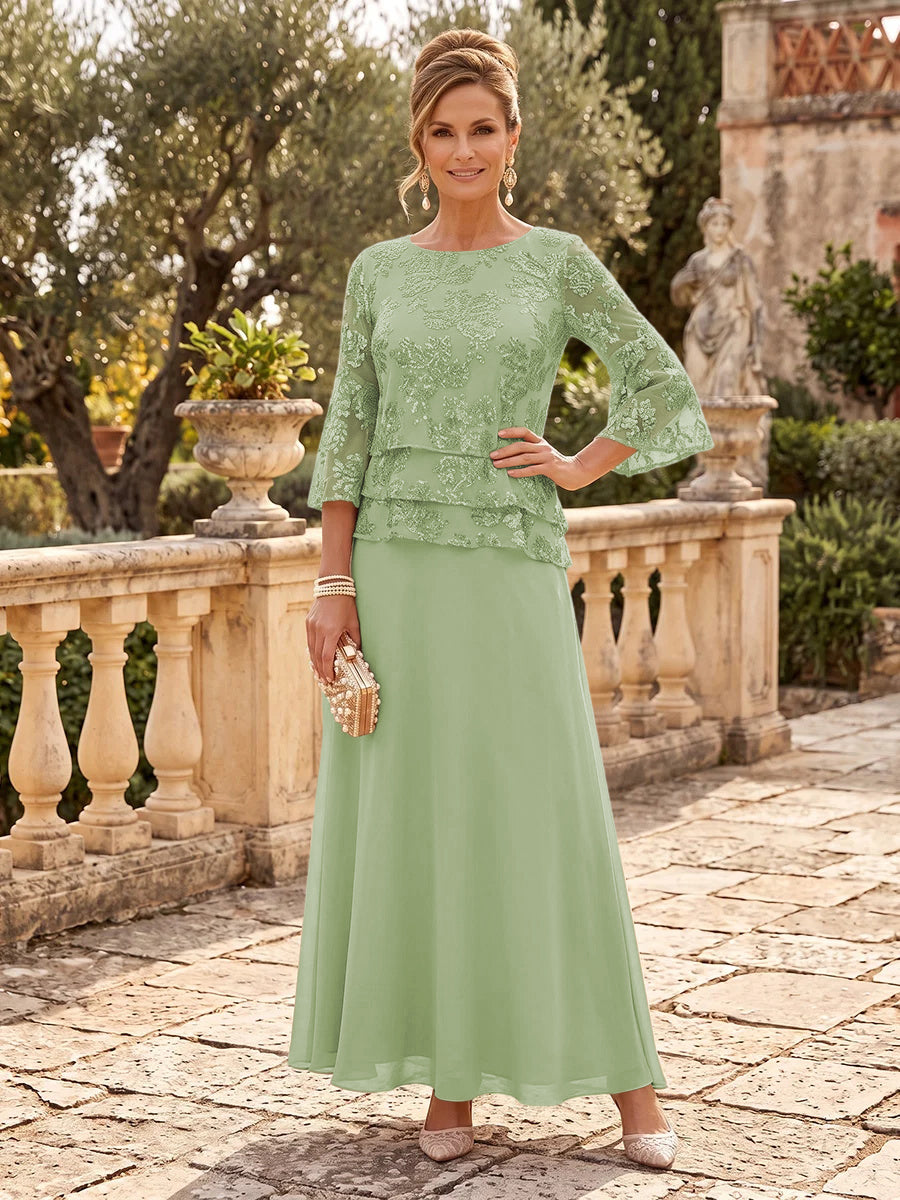 Chiffon Mother of the Bride/Groom Dresses A Line Scoop Neck 3/4 Sleeves Floor Length Tiered