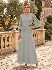 Chiffon Mother of the Bride/Groom Dresses A Line Scoop Neck 3/4 Sleeves Floor Length Tiered