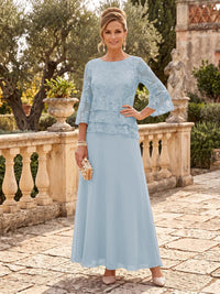 Chiffon Mother of the Bride/Groom Dresses A Line Scoop Neck 3/4 Sleeves Floor Length Tiered