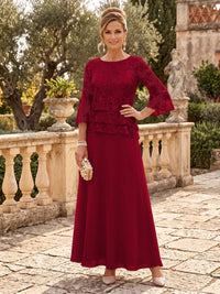 Chiffon Mother of the Bride/Groom Dresses A Line Scoop Neck 3/4 Sleeves Floor Length Tiered