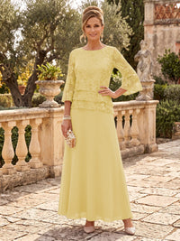 Chiffon Mother of the Bride/Groom Dresses A Line Scoop Neck 3/4 Sleeves Floor Length Tiered