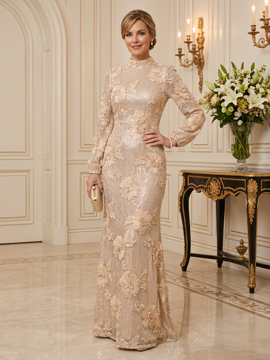 Sequin Mother of the Bride/Groom Dresses Mermaid High Neck Long Sleeves Floor Length Embroidery