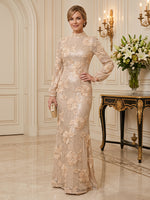 Sequin Mother of the Bride/Groom Dresses Mermaid High Neck Long Sleeves Floor Length Embroidery