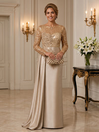 Satin Mother of the Bride/Groom Dresses Column Scoop Neck Long Sleeves Floor Length