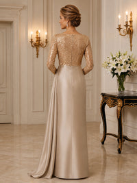 Satin Mother of the Bride/Groom Dresses Column Scoop Neck Long Sleeves Floor Length
