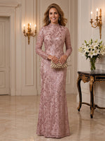 Sequin Mother of the Bride/Groom Dresses Column High Neck Long Sleeves Floor Length