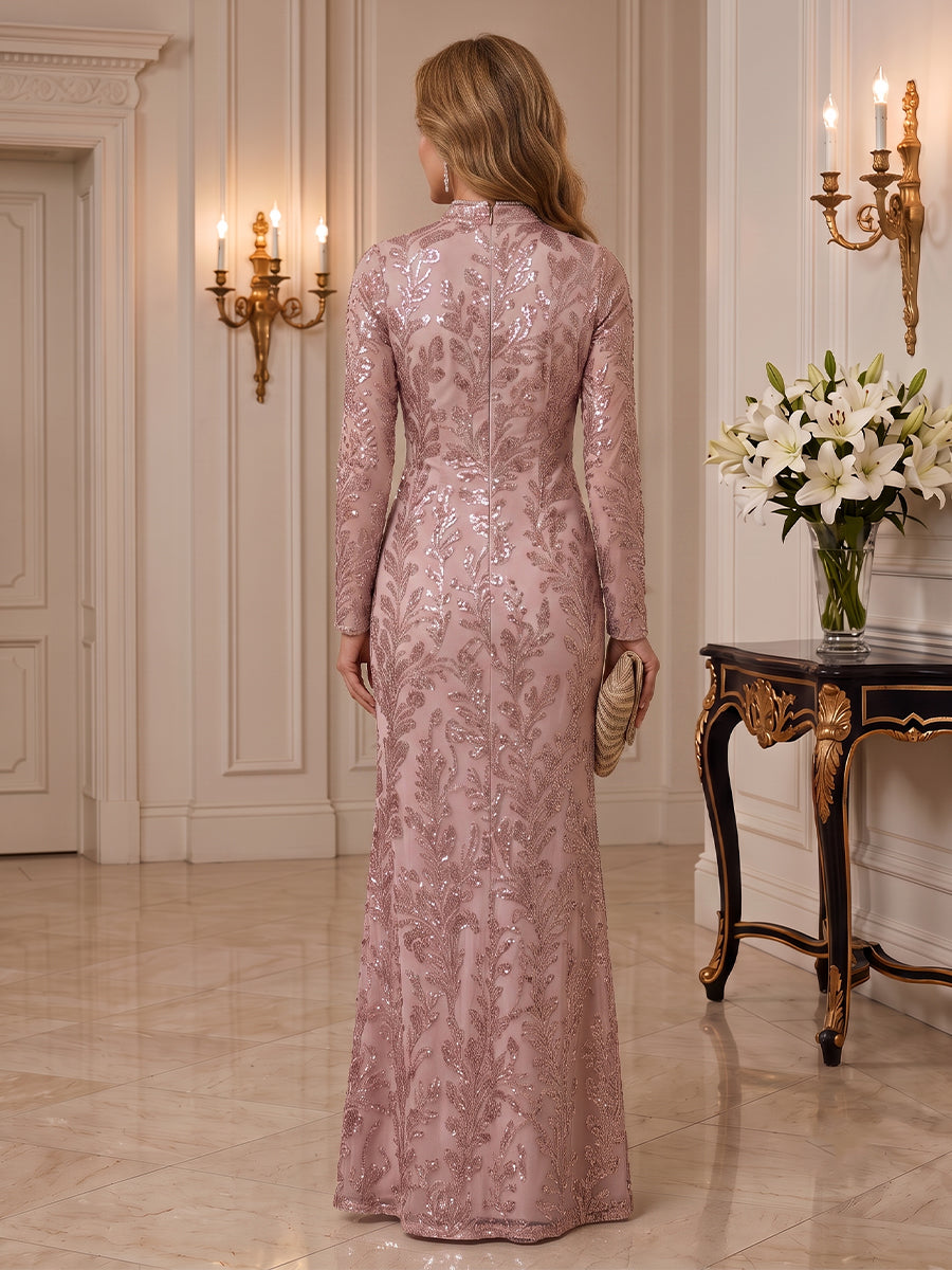 Sequin Mother of the Bride/Groom Dresses Column High Neck Long Sleeves Floor Length