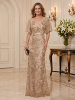 Sequin Mother of the Bride/Groom Dresses Mermaid V Neck Flutter Sleeves Floor Length