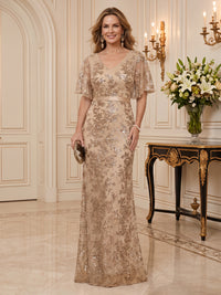 Sequin Mother of the Bride/Groom Dresses Mermaid V Neck Flutter Sleeves Floor Length