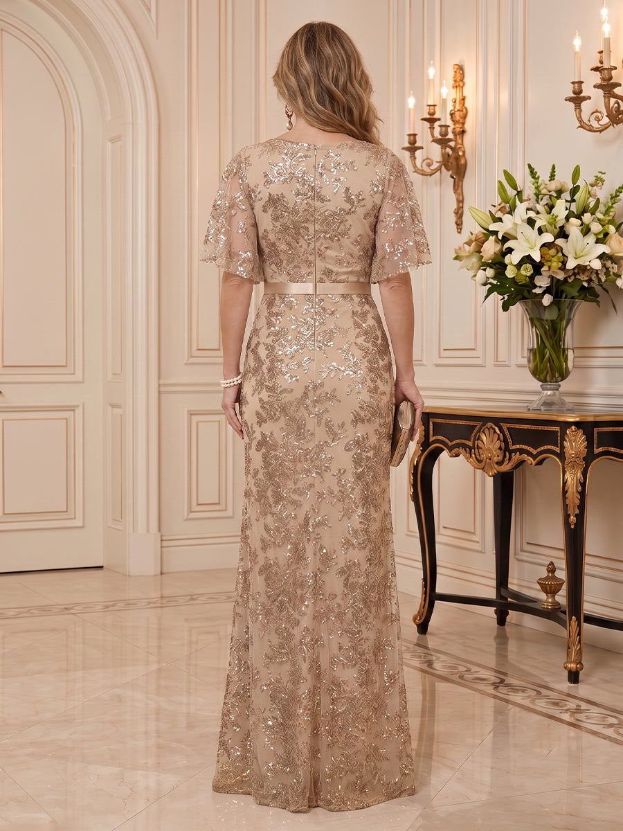 Sequin Mother of the Bride/Groom Dresses Mermaid V Neck Flutter Sleeves Floor Length