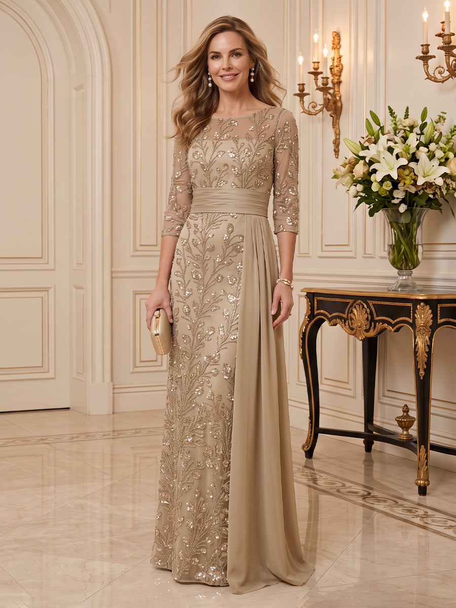 Sequin Mother of the Bride/Groom Dresses Sheath Scoop Neck 3/4 Sleeves Floor Length
