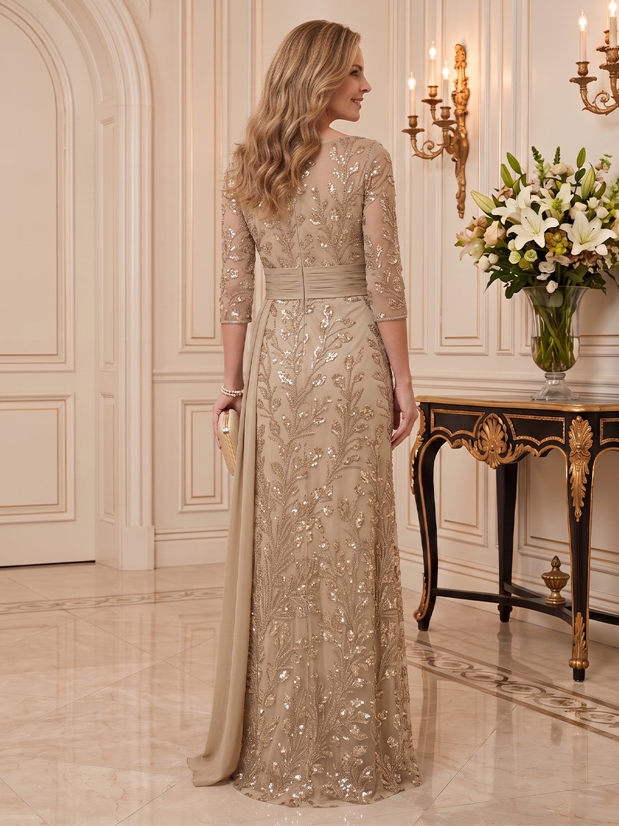 Sequin Mother of the Bride/Groom Dresses Sheath Scoop Neck 3/4 Sleeves Floor Length