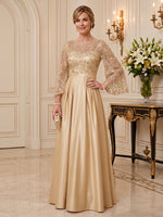 Satin Mother of the Bride/Groom Dresses A Line Scoop Neck 3/4 Sleeves Floor Length