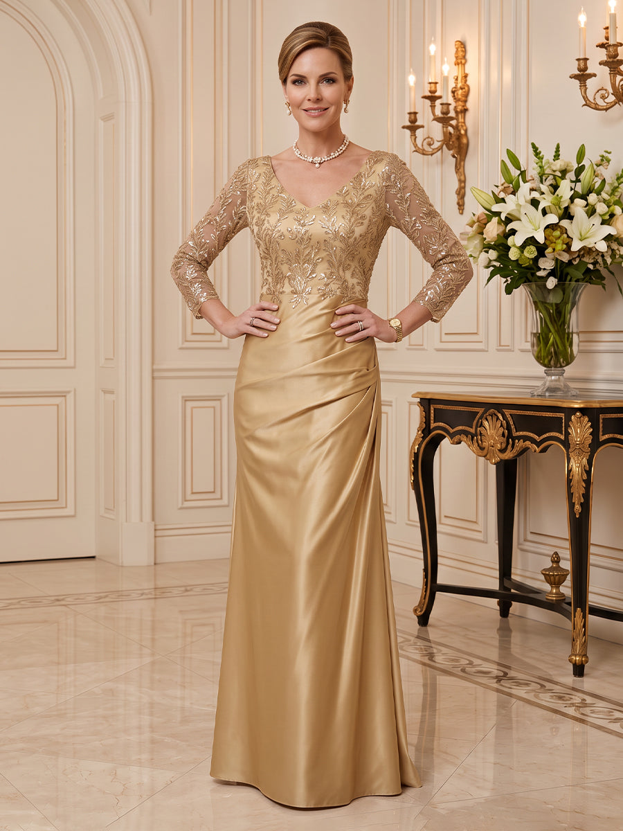 Satin Mother of the Bride/Groom Dresses Column V Neck 3/4 Sleeves Floor Length Ruched